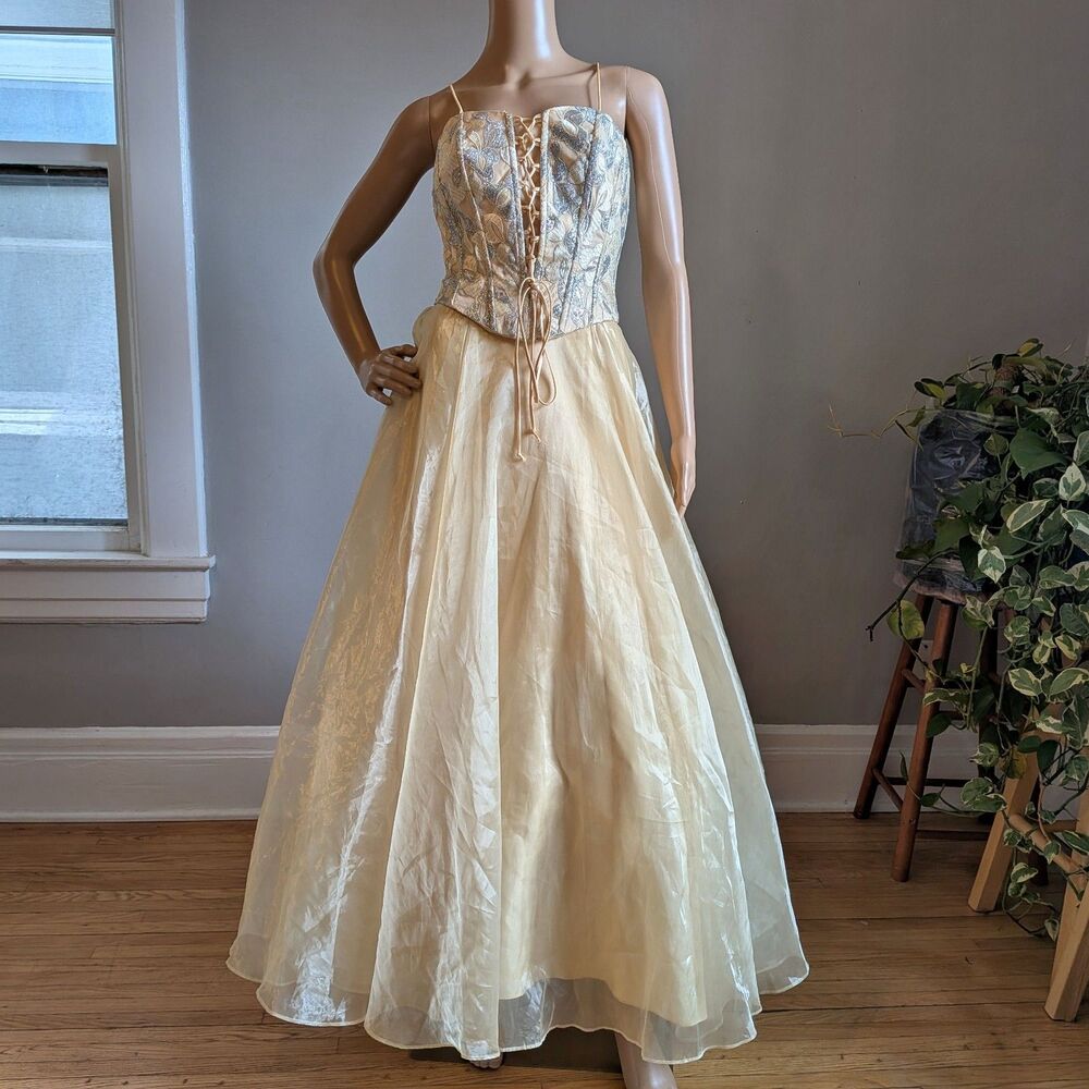 Vintage 90s Lenovia Gold Floral Prom Gown Princess Maxi Dress Brocade Size XS